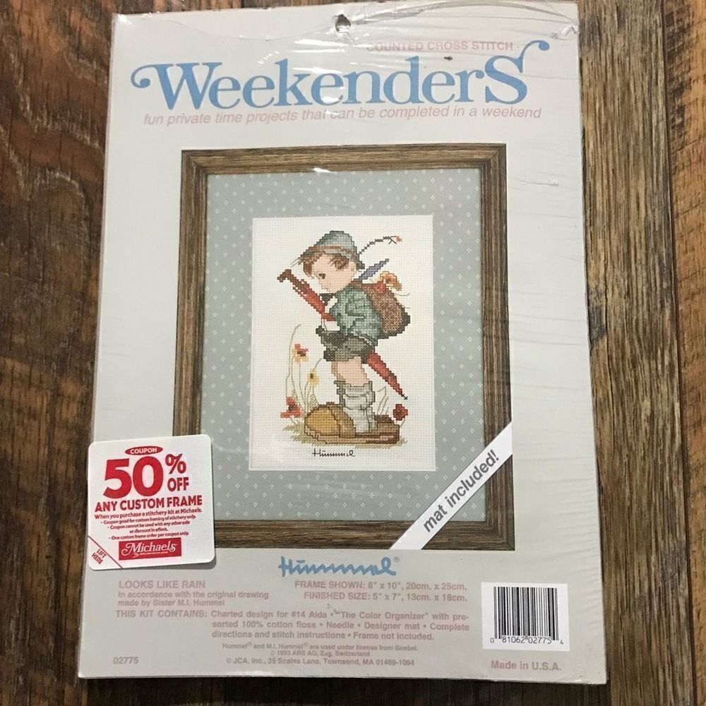 Weekenders Hummel Looks like rain cross stitch kit mat started 5” x 7”